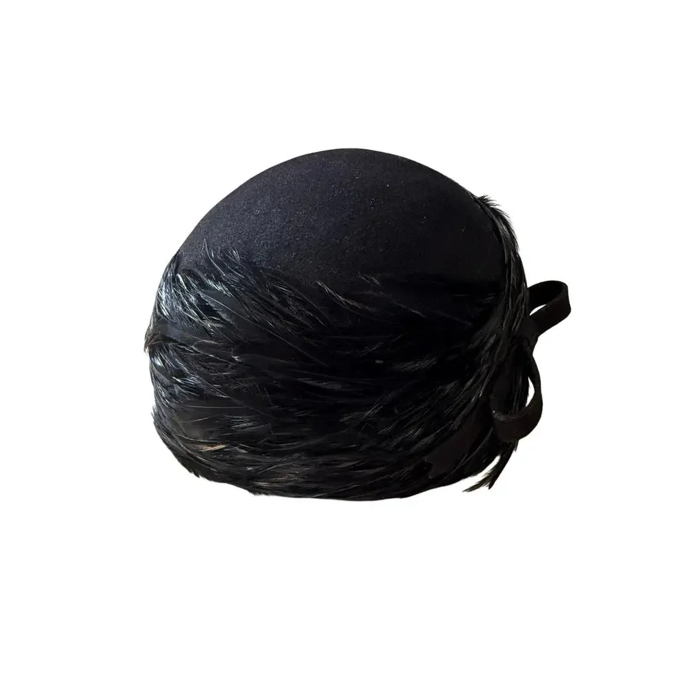 Vintage Mr. John Moderne Black Feather Pillbox Hat Fascinator Bow Accent